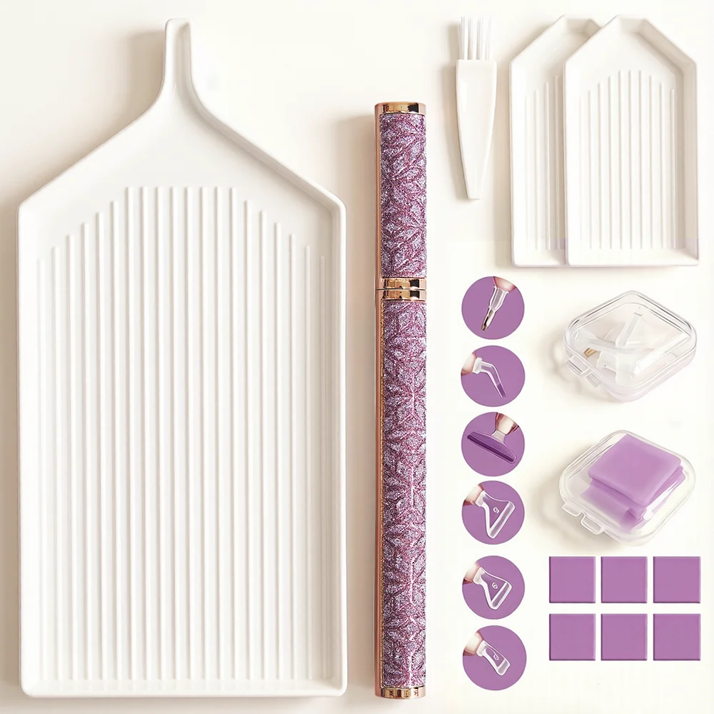 Diamond Painting Tools Kit 5D DIY Diamond Art Purple Glitter Pen 6 Tips Sorting Trays Glue Clay for Adults Home Craft Mosaic Sup