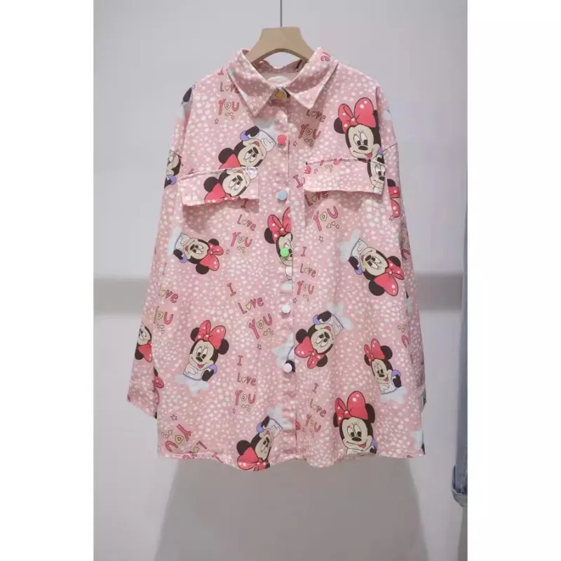 Korean Style Lined Skin Tone Age-reducing Polka Dot Cartoon Shirt Spring Loose Medium And Long Cotton Denim Blouse Jacket Female