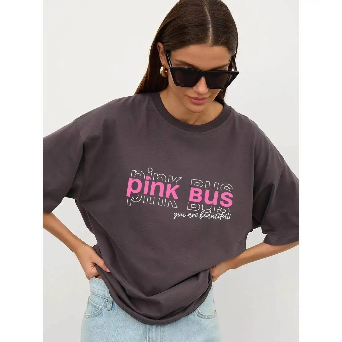 

Faionable Loose Printed Cotton T-irt Women's Top Commute Sle ort Sve round Ne Text Pattern Regular Thin