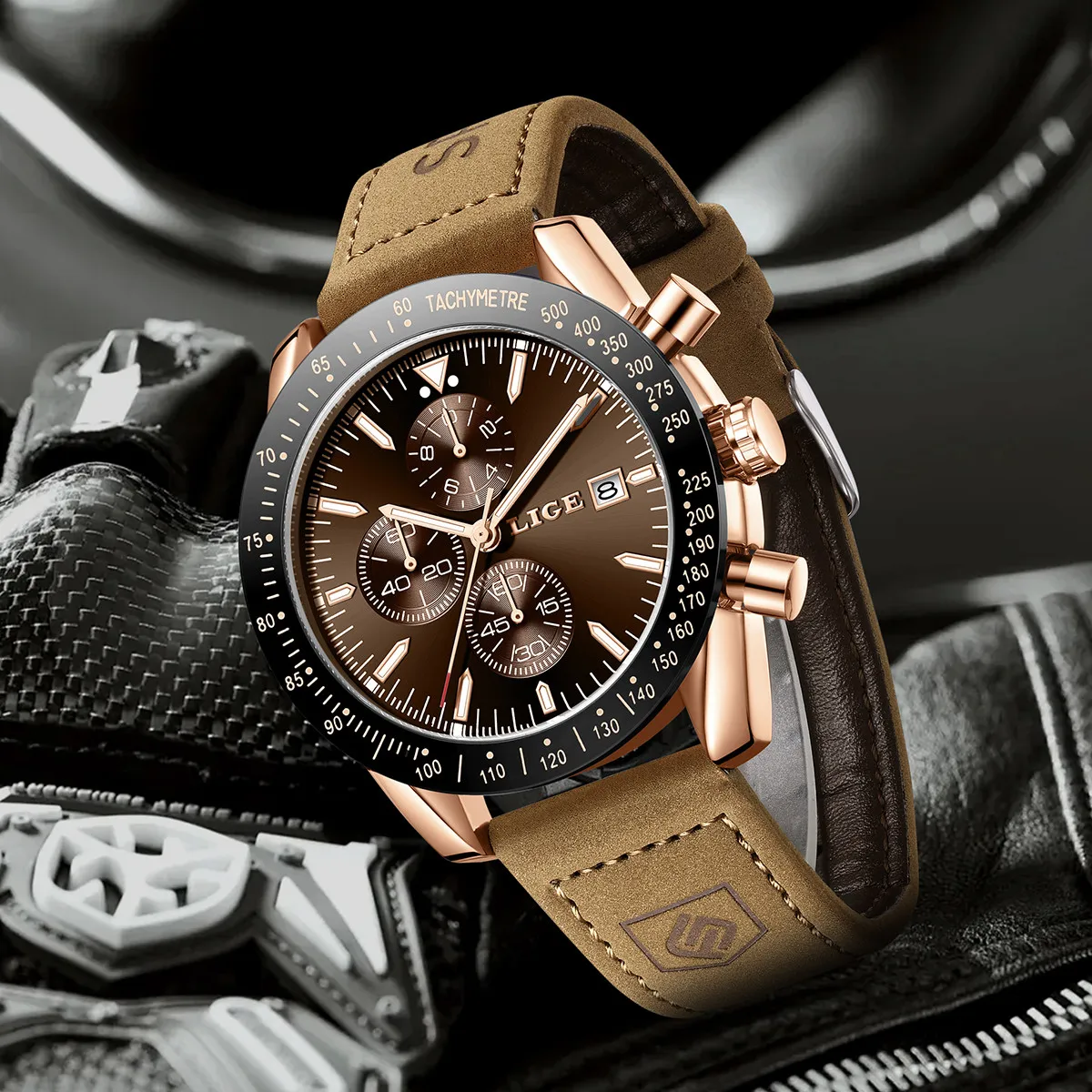 LIGE ساعات جلدية رجال الأعمال موضة 30 متر مقاوم للماء كوارتز ساعة اليد كرونوغراف تاريخ فاخر مضيئة ساعة رياضية للرجال + صندوق