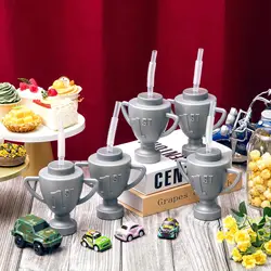 2/4/6/8/10 Pcs Race Car Trophy Cups With Straws and Lids 12 Oz Plastic Race Car Birthday Party Supplies And Favors(Silver)