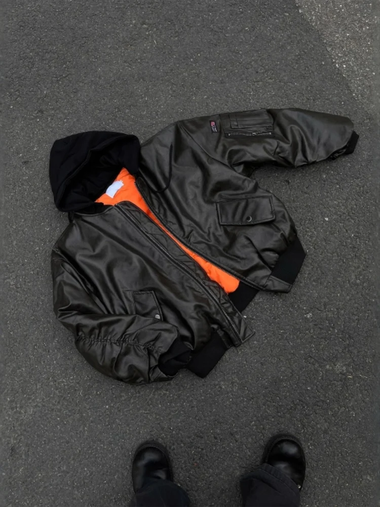 

Кожаное джато American Sle Street Pilot с капюшоном, бейсбольное хлопковое пальто для мужчин, свободная посадка, теплая застежка-молния