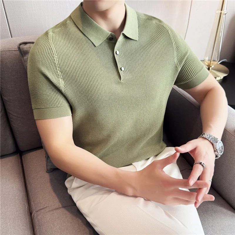 

Men's Short-Sleeve Polo Shirt Premium Imitation Shell Buttons Saddle Shoulder Design​​ Breathable Knit Fabric​​ Green/Black/Gray