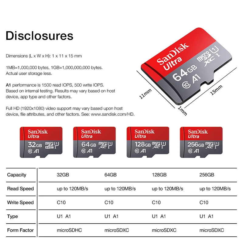 SanDisk-Cartão de Memória Micro TF para Smartphone, Flash Card, Classe 10, TF, 128GB, 64GB, 32GB, até 98 mbps, A1