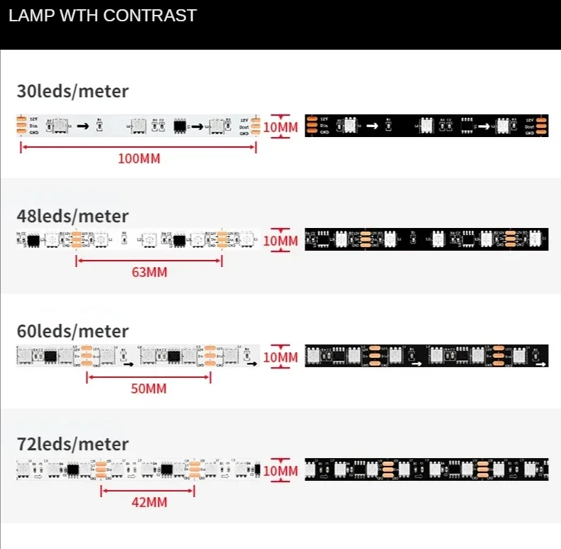 Ws2811 rgb tira de luz led, 5m, 5050smd, 30/48/60/72leds/m, controle 1ic externo, 3 endereçáveis, dc12v