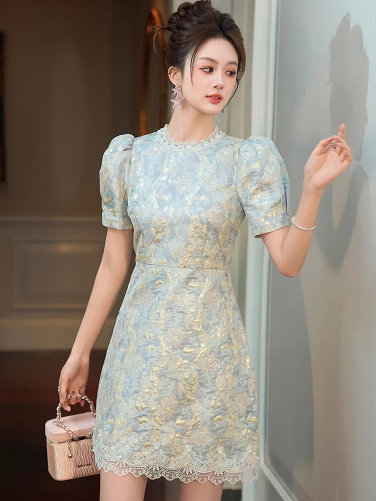 Frauen Kleidung Retro Blau Jacquard Puff Sleeve Spitze Schlank A-Line Mini Kurzes Kleid Elegante Dame Mode Party Vestidos Casual Neue