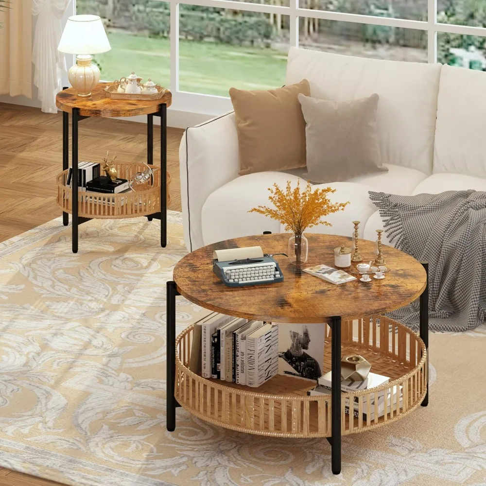 3 Pieces Coffee Table Set for Living Room, Boho Living Room Table Set with Rattan Storage Shelf and Metal Frame, Round