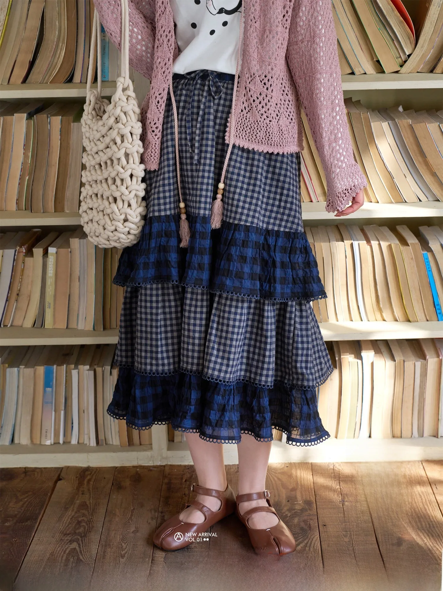 

Textured Plaid A-Line f Skirt Cake Skirt High Waist Cotton Vintage Sle Workroom Gingham Texture Sensation Women's Skirt