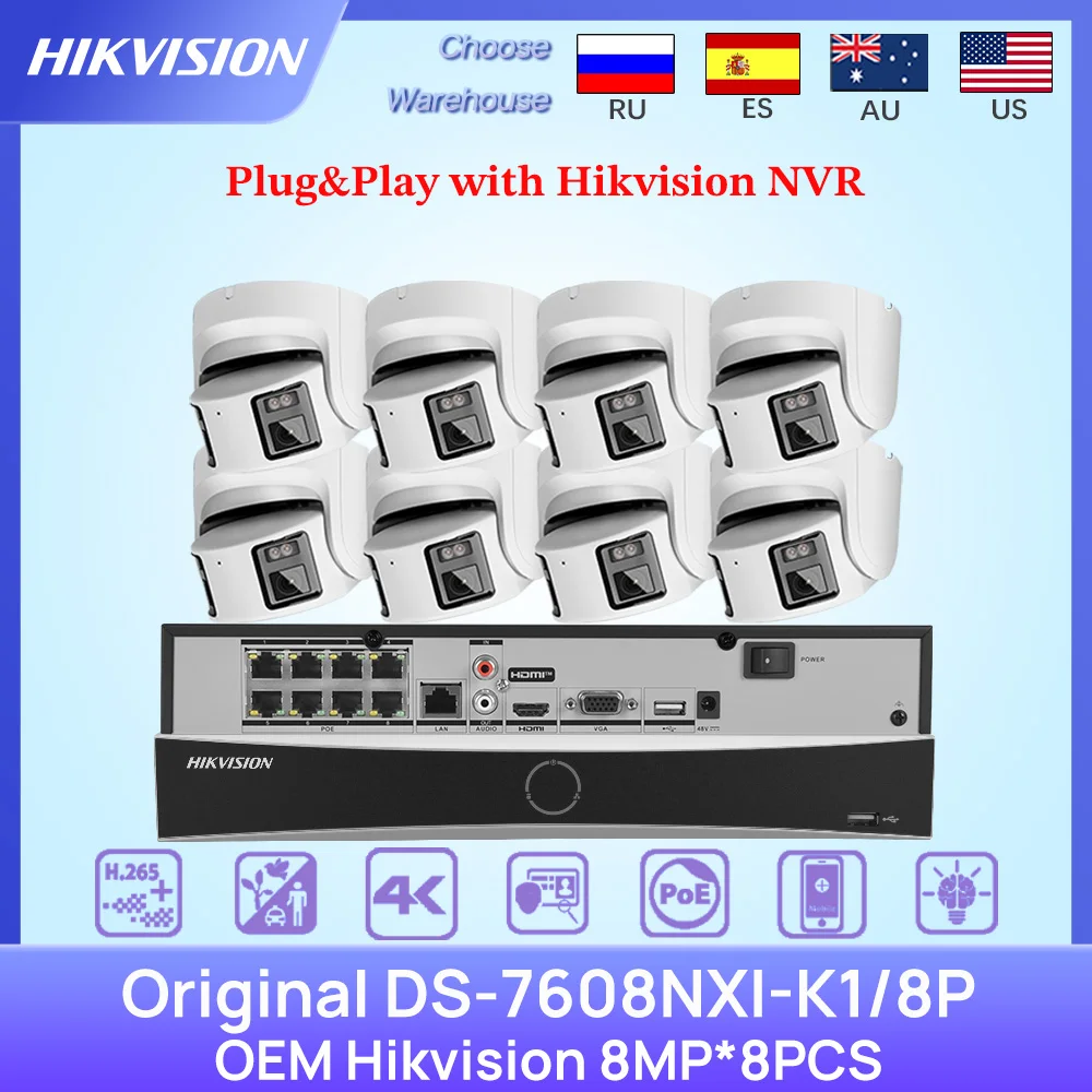 Hikvision OEM 8MP Panoramic ColorVu IP Camera Hikvision Original 8-ch PoE 1U AcuSense 4K NVR Video Surveillance Kits Plug&Play