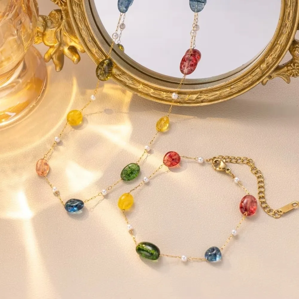 Exquisite Resin Colored Stone Bracelet Adjustable Length Mix Color Bead Dopamine Style Resin for Women