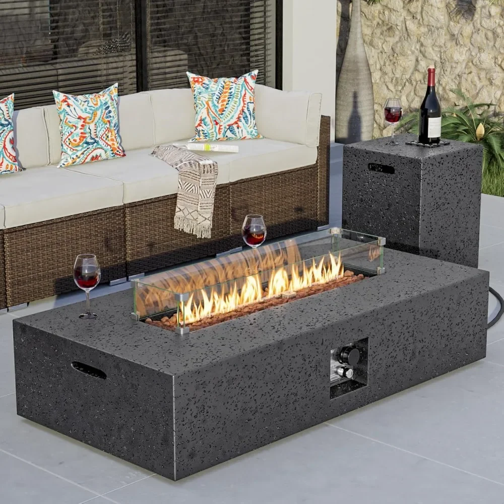 

Propane Fire Pit Table with Concrete Rectangle Base Free Lava Rocks and Rain Cover Patio Outdoor Heating Wicker Fire Table