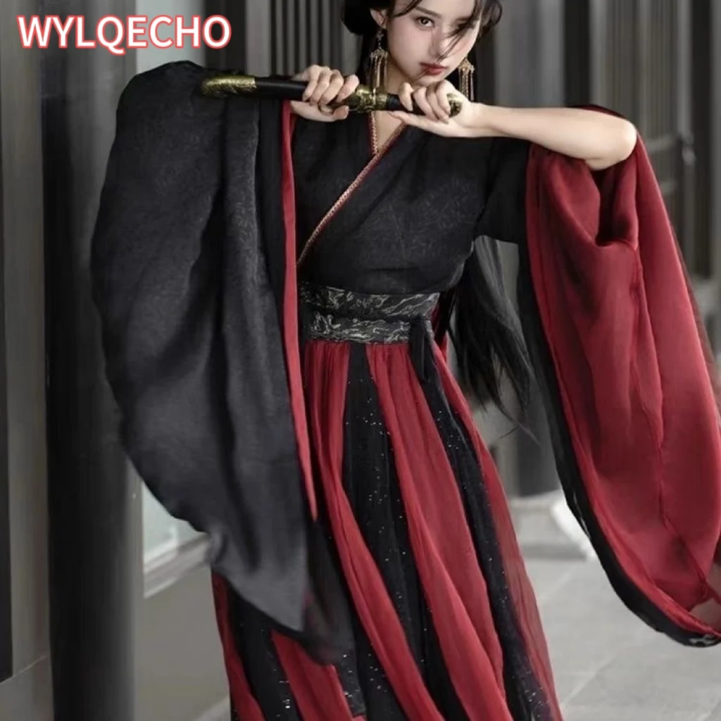 Chinese Hanfu Dress Women Halloween Carnival Cosplay Costume Party Outfit Ancient Chinese Black&Red Hanfu Dress Plus Size XL