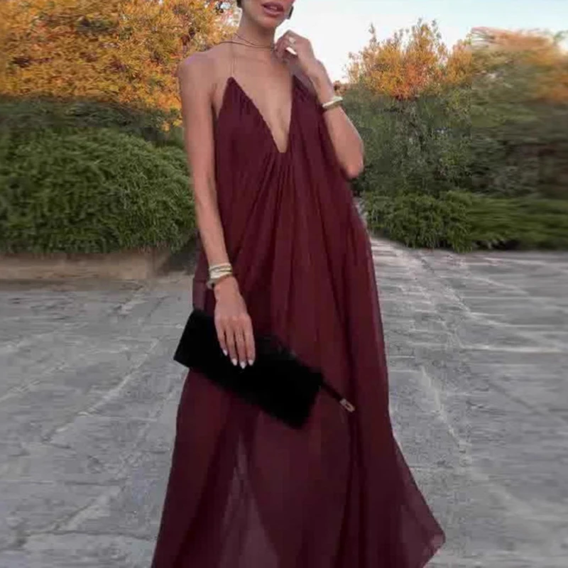 Sexy feminino sem costas vestido de convidado de casamento 2025 férias de verão cor sólida vestido longo casual baixo corte com decote em v vestido de festa plissado