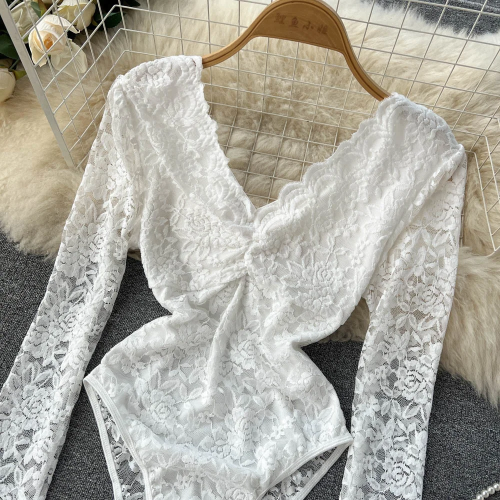 Foamlina Sexy Women White Floral Lace Bodysuits Elegant V-neck Long Sleeve High Waist Hollow Out Slim Fit Club Party Body Tops