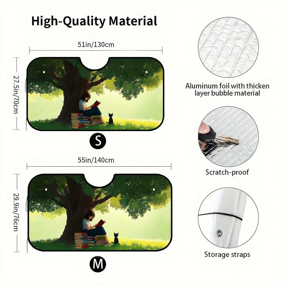 1pc Reading Book Cat Tree Pattern Car Windshield Sunshade - Serene Nature Scene With Woman & Cat Under Tree, Fit Front Auto Sun