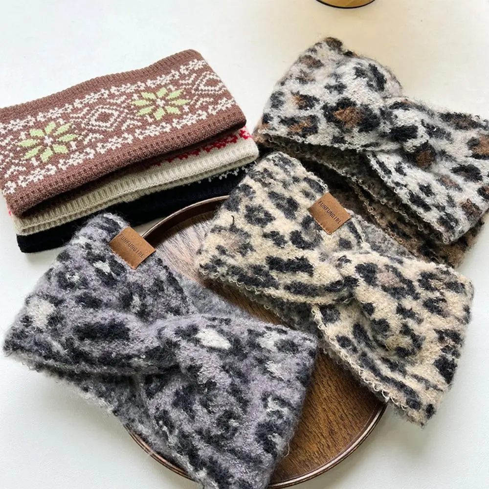 إكسسوارات الشعر عصابات رأس نسائية واسعة بطبعة الفهد، عصابة رأس محبوكة سميكة ودافئة، أغطية رأس عالية المرونة #5