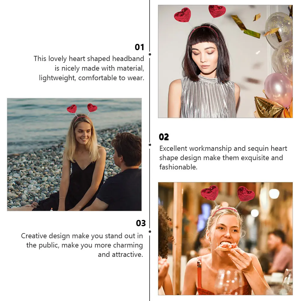 

3Pcs Heart Shape Hair Band Exquisite Sequin Craft Elegant Headwear for Birthday Stage Performance Girl Party Favor Festival Gift