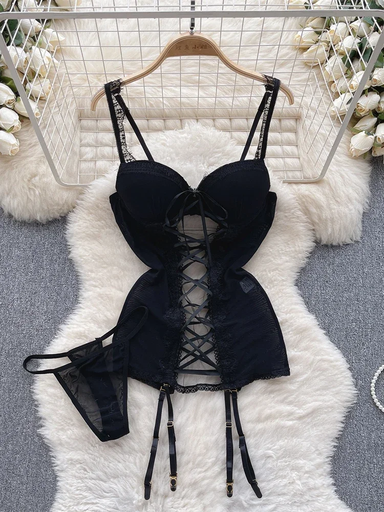 

Женская черная бандажная ночная рубашка из двух предметов, сексуальное кружевное мини-белье, ночная рубашка, банный халат, комплект ночной рубашки, домашнее платье, одежда