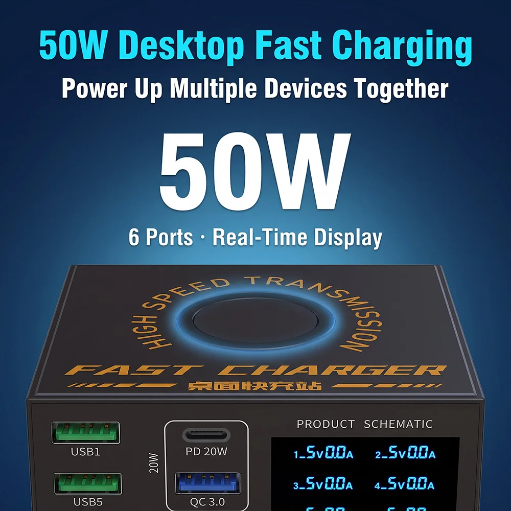 MRSVI 50W 6-Port USB-C Desktop-Ladestation mit PD20W & QC3.0, LED-Display, Schnellladung für iPhone/iPad/Samsung – Detail 3