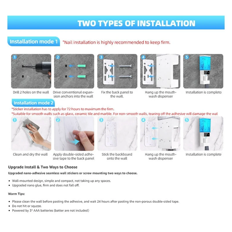 Distributeur AB15-Mouthwash pour HOTouchless 650ML, distributeur automatique fixé au mur de rince-bouche avec 2PCs standard magnétique