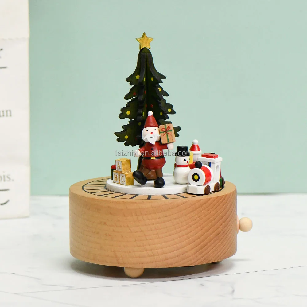 

Christmas Decoration Wood Craft Moving Train 18 Note Beech Music Playing Box For Ornaments
