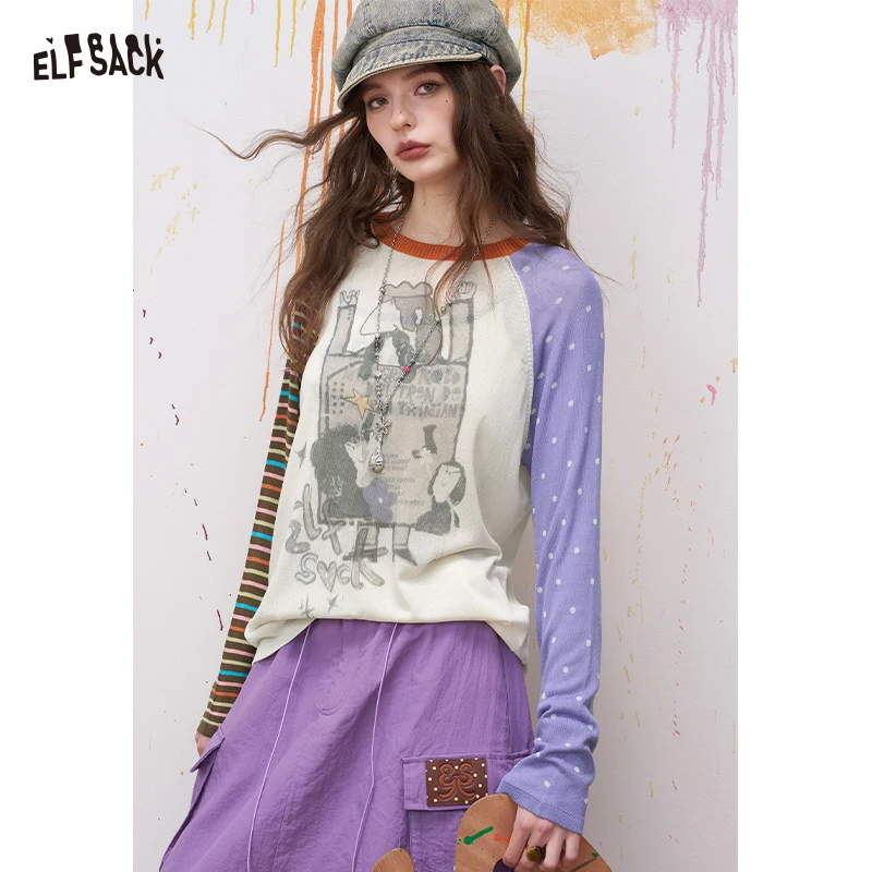 

ELFSACK Novelty Print Knit Sweater with Striped Sleeves, Lightweight Oversized Pullover, Preppy Casual Top for Women