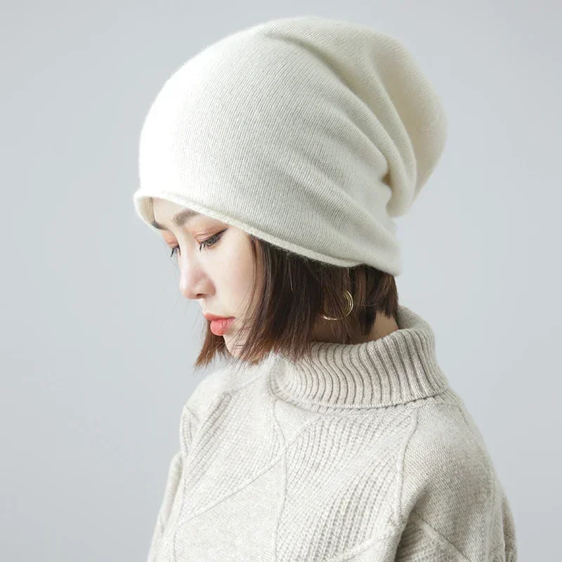 Women 35% Cashmere Plain Knitted Slouchy Beanie Hat Simple Solid Caps Rolled Hem Soft Wool Winter Spring Warm Sleep Hair Bonnet