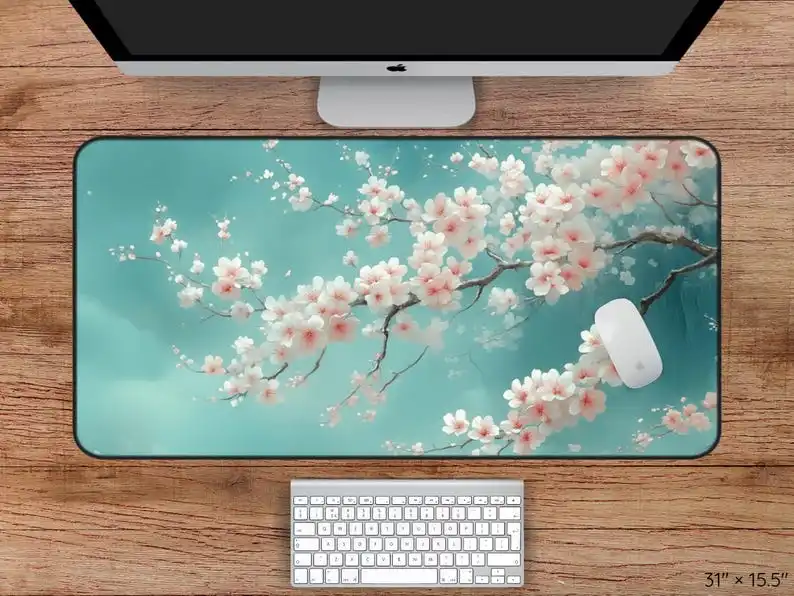 Magnifique napperon en fleurs de cerisier, tapis de bureau rose de style japonais, joli napperon floral, tapis de souris en fleurs de cerisier, tapis de souris rose