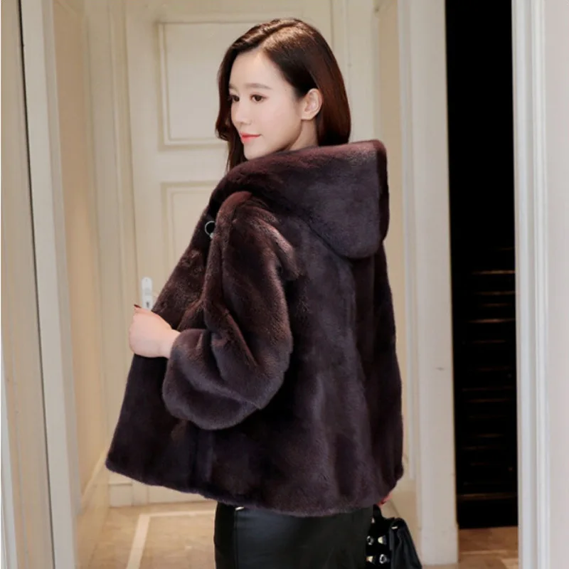 Women\'s Artificial Mink Hair Leather Fur Coat, Loose, Large Size, Short Outwear, Thick, Warm, Hooded Jacket, Casual Fashion