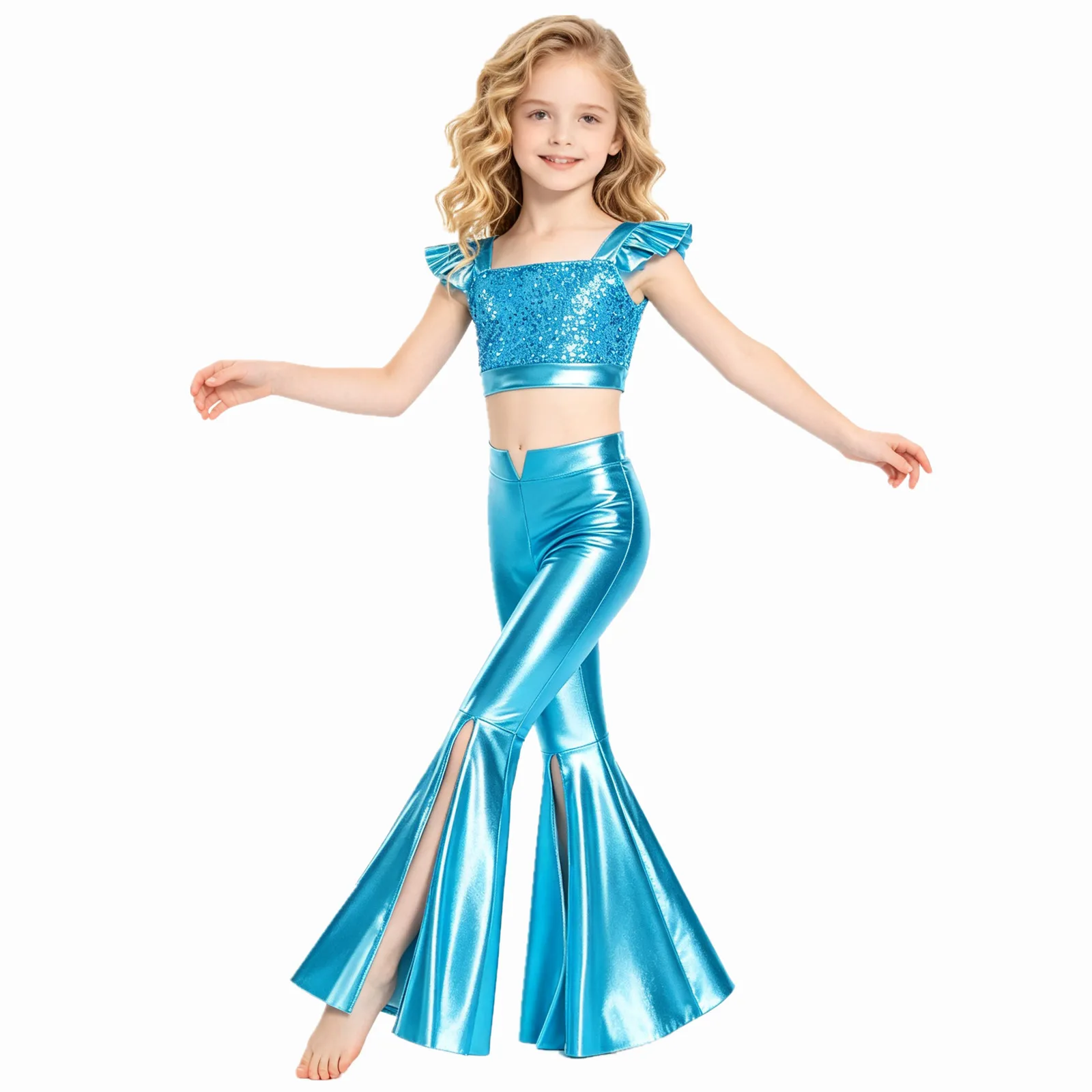 Kids Girls Jazz Dance Performance Outfit Ruffled Sleeves Sparkling Sequin Metallic Crop Top with Split Bell-bottom Shiny Pants