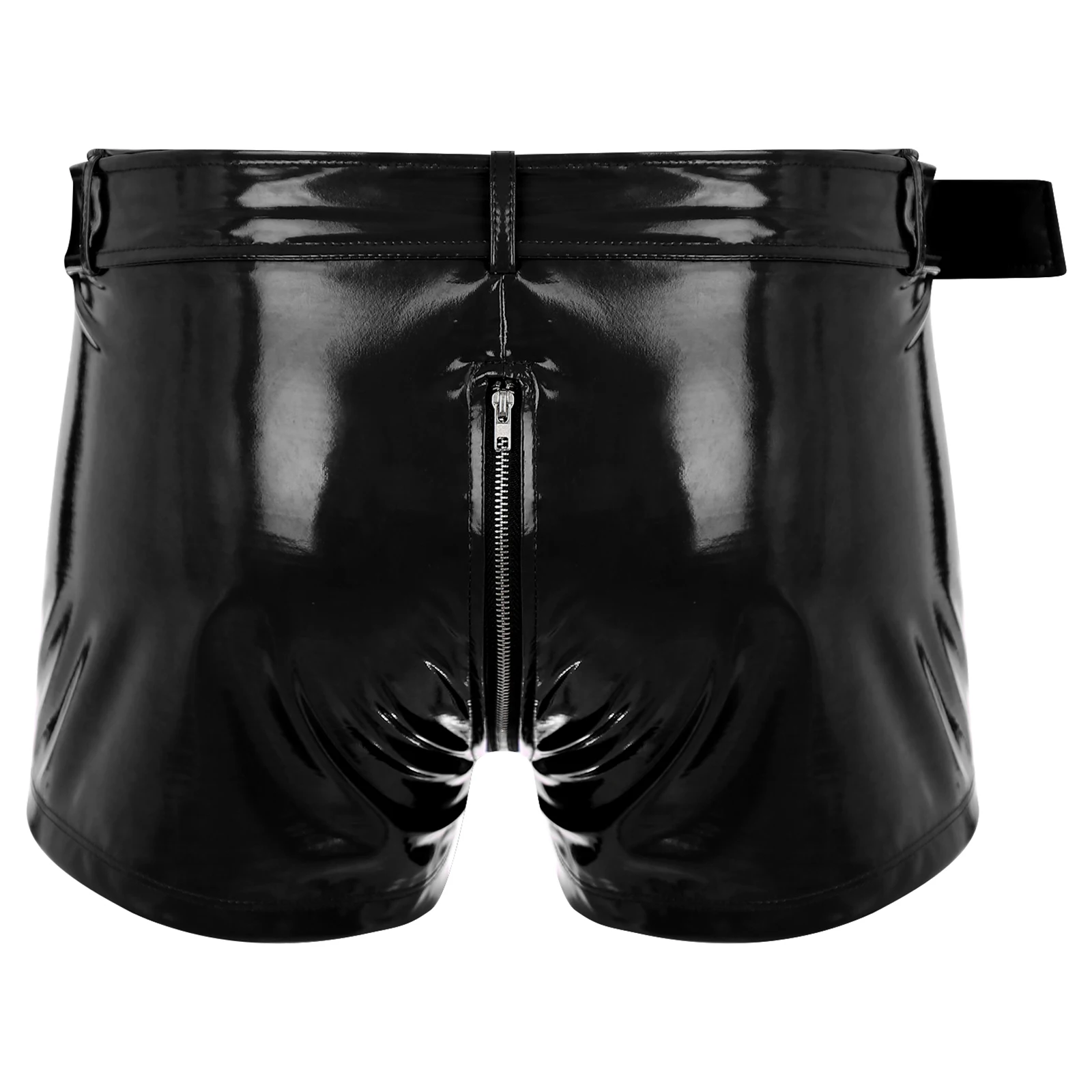 Mens Boxer Briefs Wet Look Patent Leather Hot Pants Shorts with Belt Underwear Sexy Zipper Crotch Boxers Briefs Clubwear