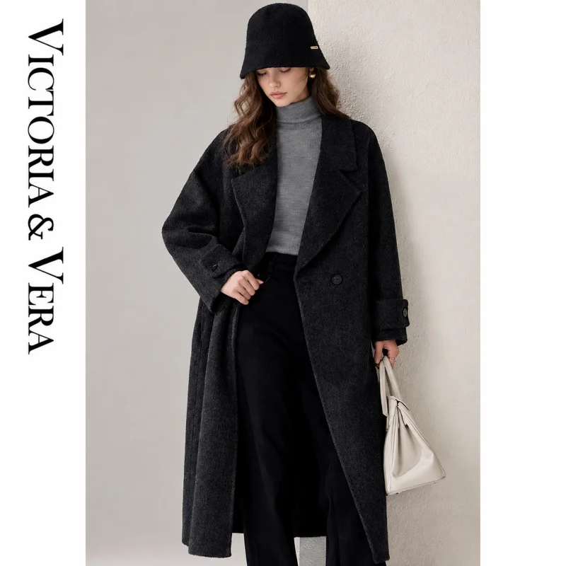 Women's Notched Lapel Double Breasted Maxi Coat, Cuffed Sleeve Oversized Loose Fit Winter Outerwear