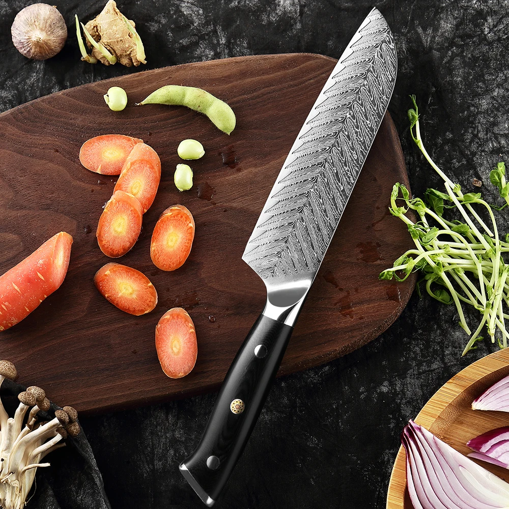 

XITUO 7 Inch Santoku Knife Pro Kitchen Chef Knife Multifunction Japanese Knives Damascus Steel Black G10 Handle Slicing Knife