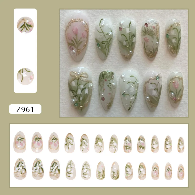 24pcs Orchid Flower Press On Nails Light Green Almond False Nail With Pearl Gold Bows Colorful Doamind Decor Cute DIY Manicure