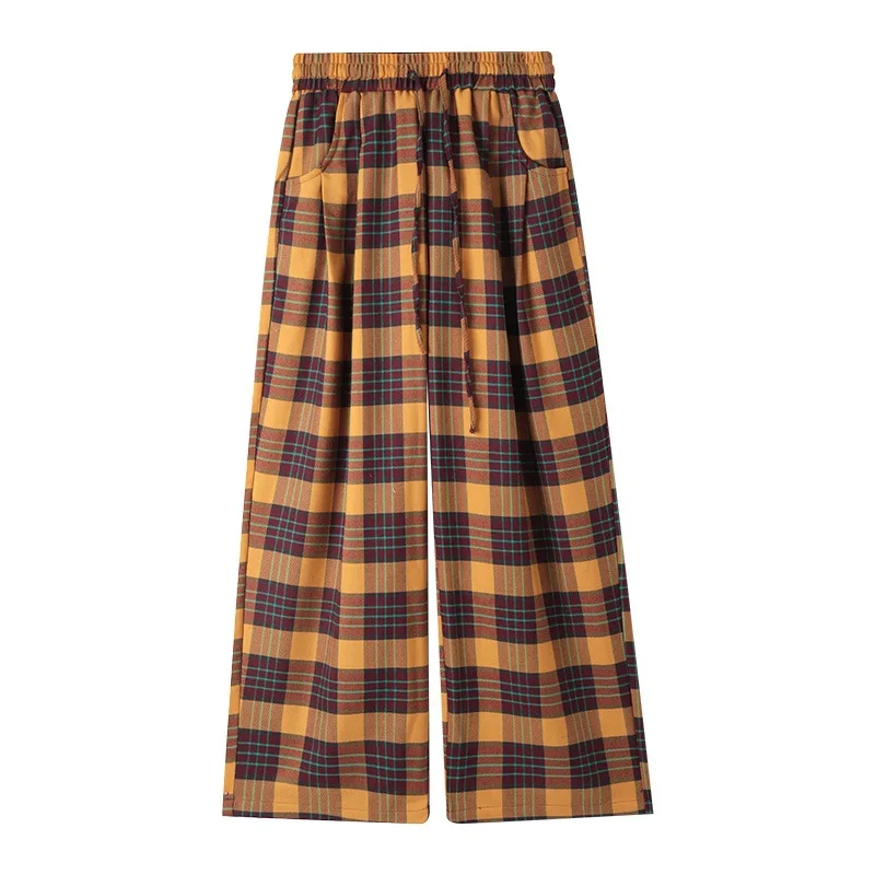 سراويل منقوشة كلاسيكية أمريكية للنساء ربيعية صفراء منقوشة فضفاضة مستقيمة غير رسمية سراويل أرضية واسعة الساق متعددة الاستخدامات