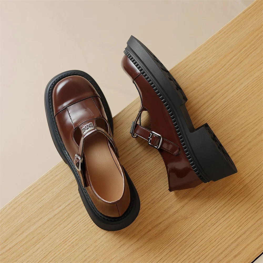 Taoffen Casual Loafers Genuine Leather Square Heel Metal Decoration Pumps Retro Round Toe Thick Sole Buckle Strap Office Shoes