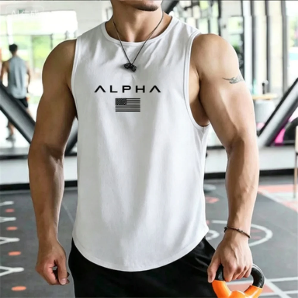 Men's Printed Round Neck Fitness Vest with Muscle Strengthening and Quick Drying Functions, Suitable for Outdoor Sports Wear