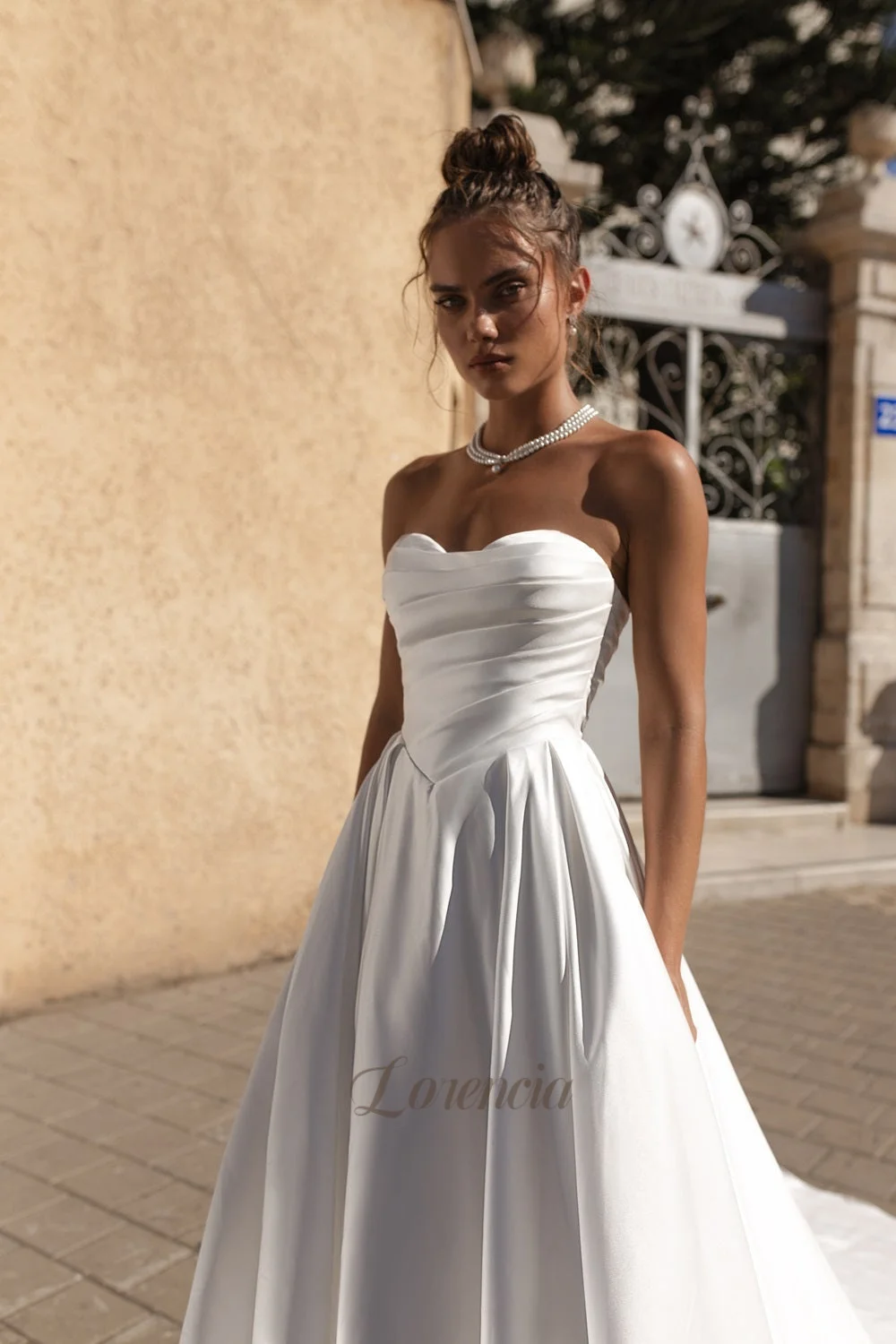 Lorencia Simple Strapless Satin Wedding Dresses with Pockets 2026 Basque A-Line Bridal Gowns Customized Minimalist Bride Dresses