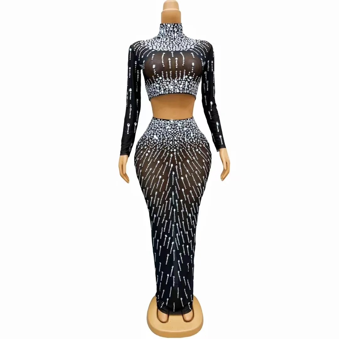 

Sparkly Diamonds Sexy Tops Dress 2-Pieces Set Evening Party Wedding Celebrate Costume Women Birthday Dancer Singer Dress Huoshu