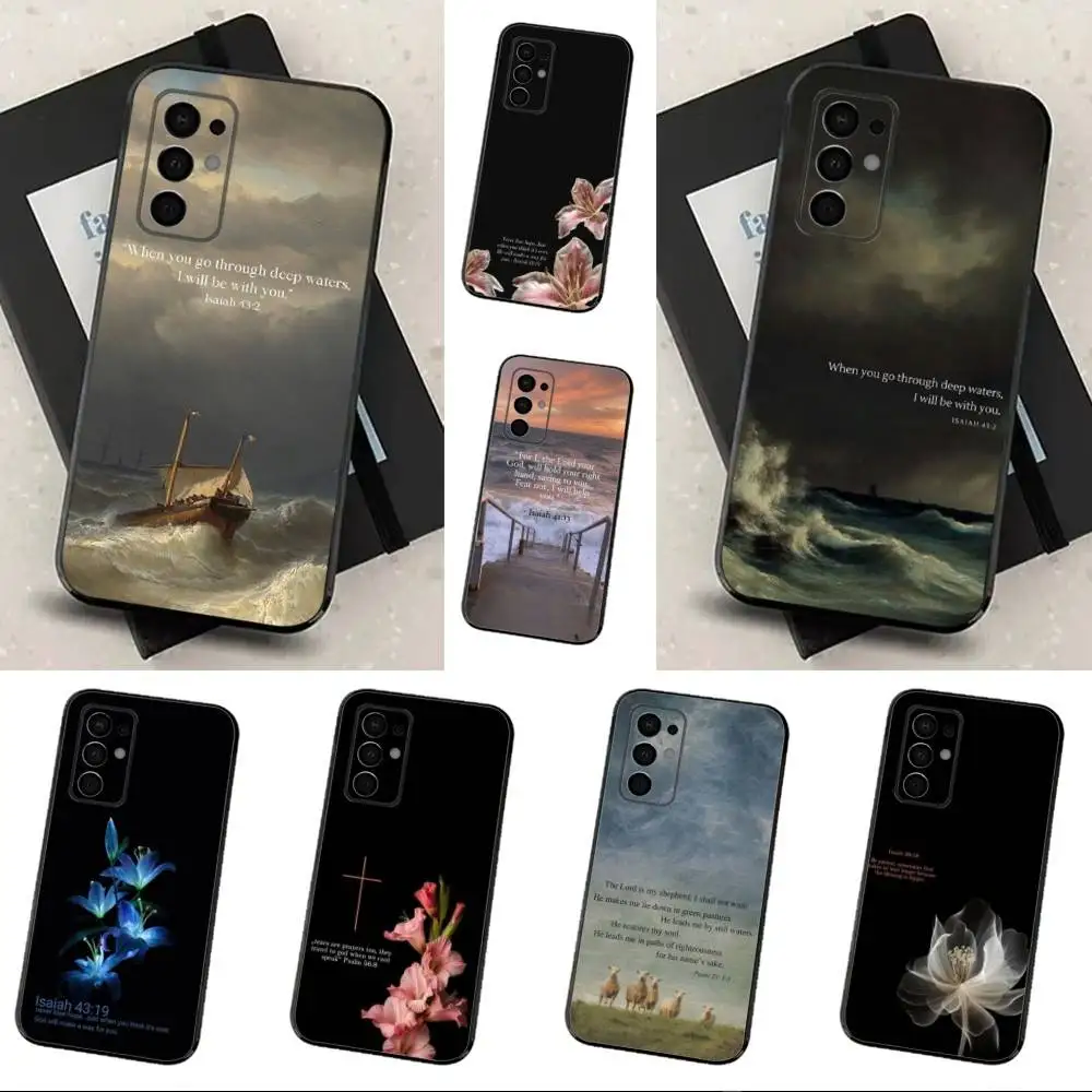 Etui na telefon Samsung Galaxy A73,31,32,72,41,53,52,71,22,5G,Note,J7,8,9 z miękkiego, czarnego materiału z motywem Isaiah 43:19.