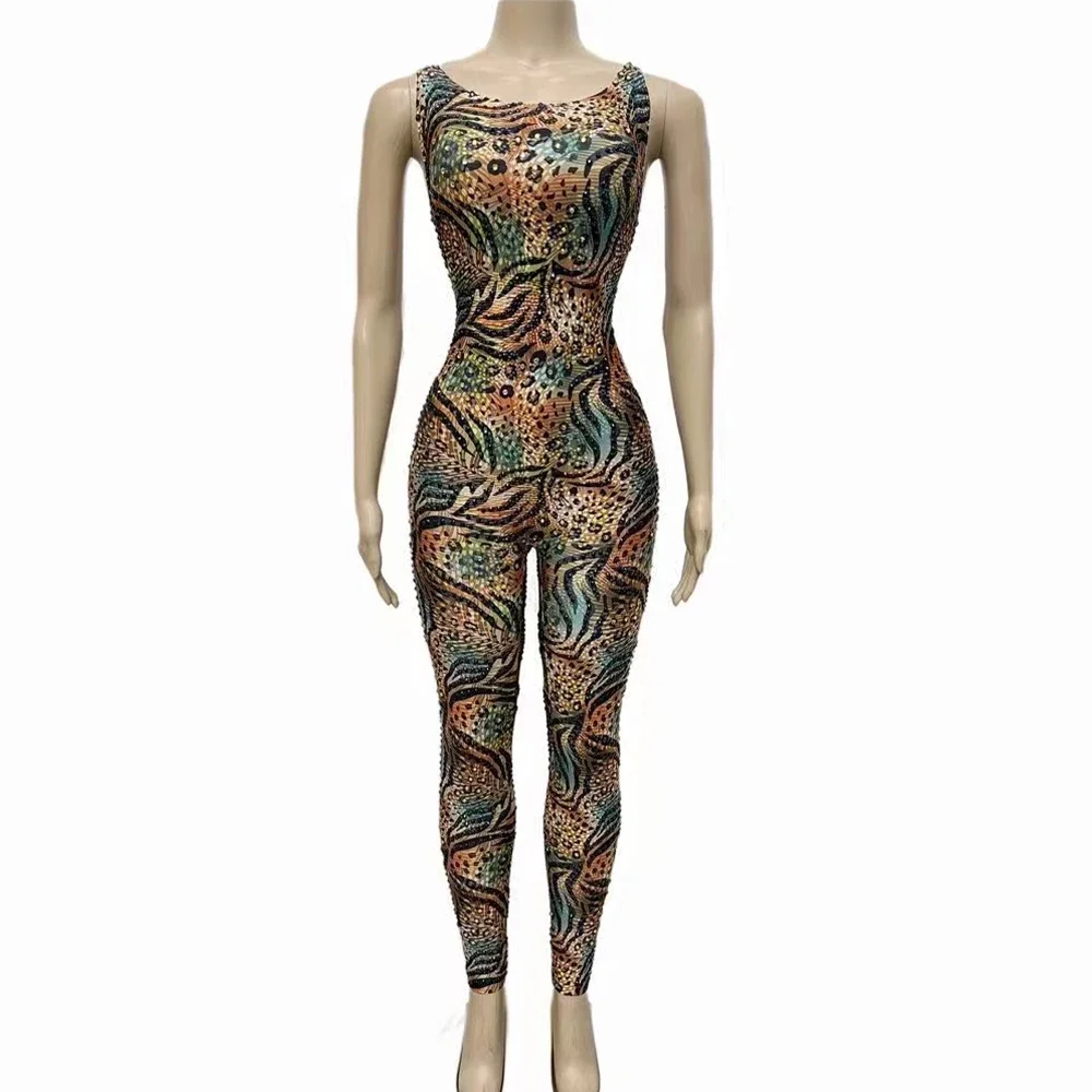 

Birthday Celebrate Bodysuit Performance Leggings Costume Sexy Stage Colorful Pattern Black Gold Rhinestones Stretch Jumpsuit