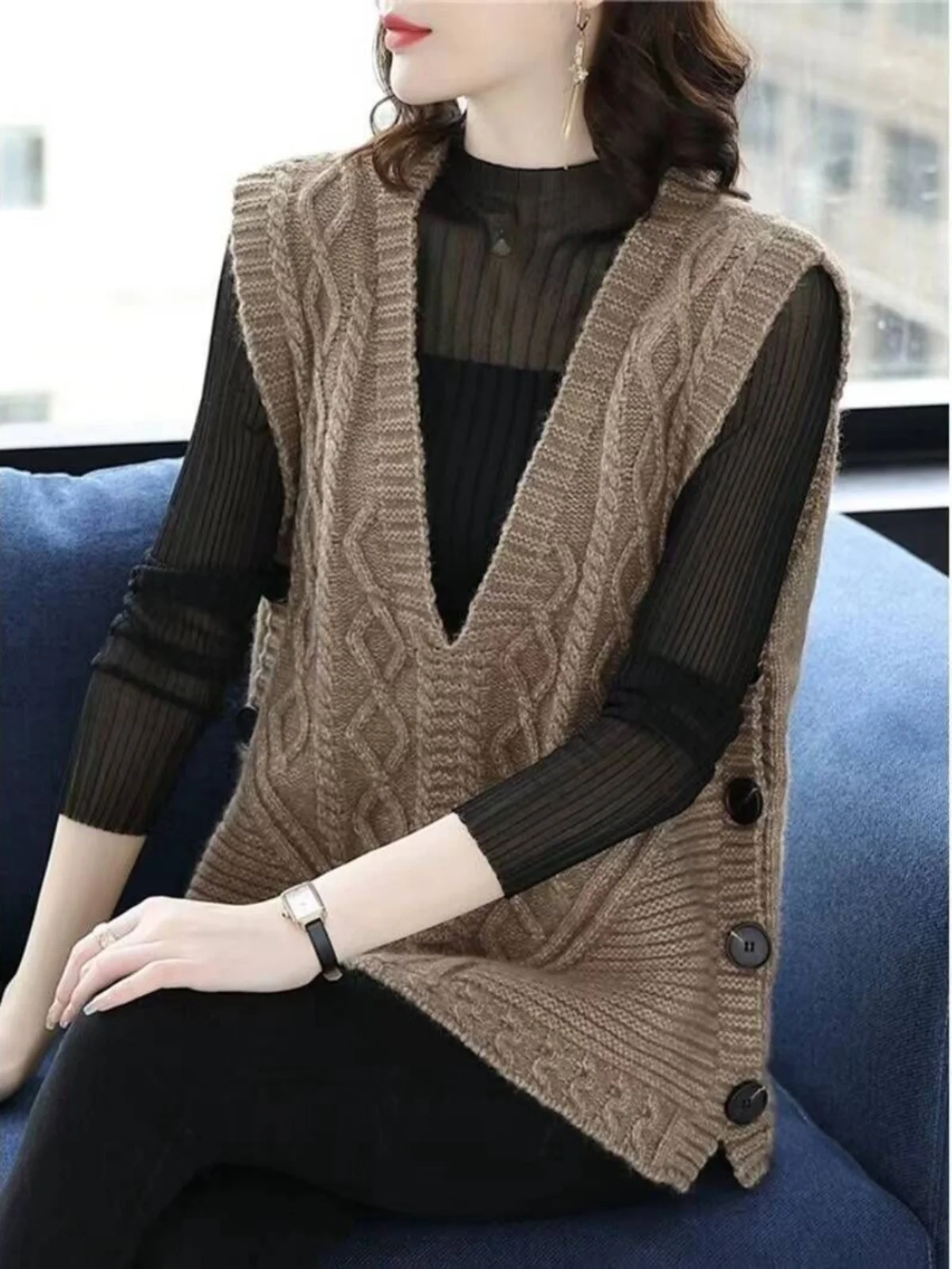 

Faionable Large Size V-Ne Knitted Sweater Vest Women's Autumn Winter Layering Loose oulder Top Casual Color