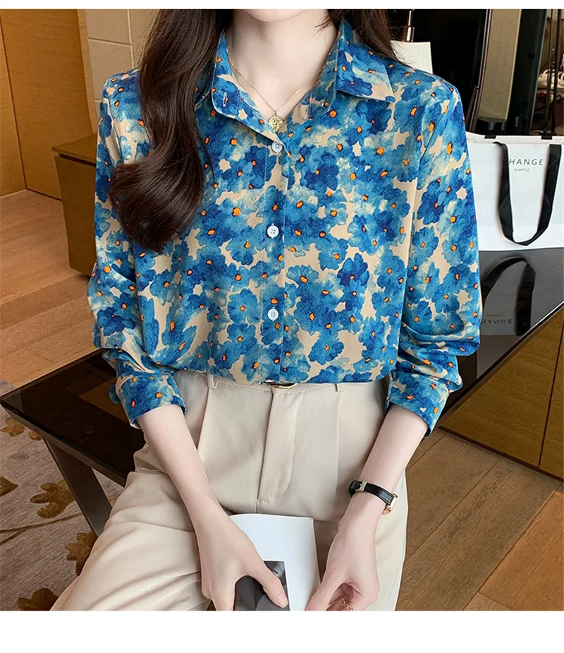 Women Chiffon Shirts Elegant Work Casual Tops Spring Summer Sweet Long Sleeve Love Heart Print Pattern Office Lady Blouse Shirts