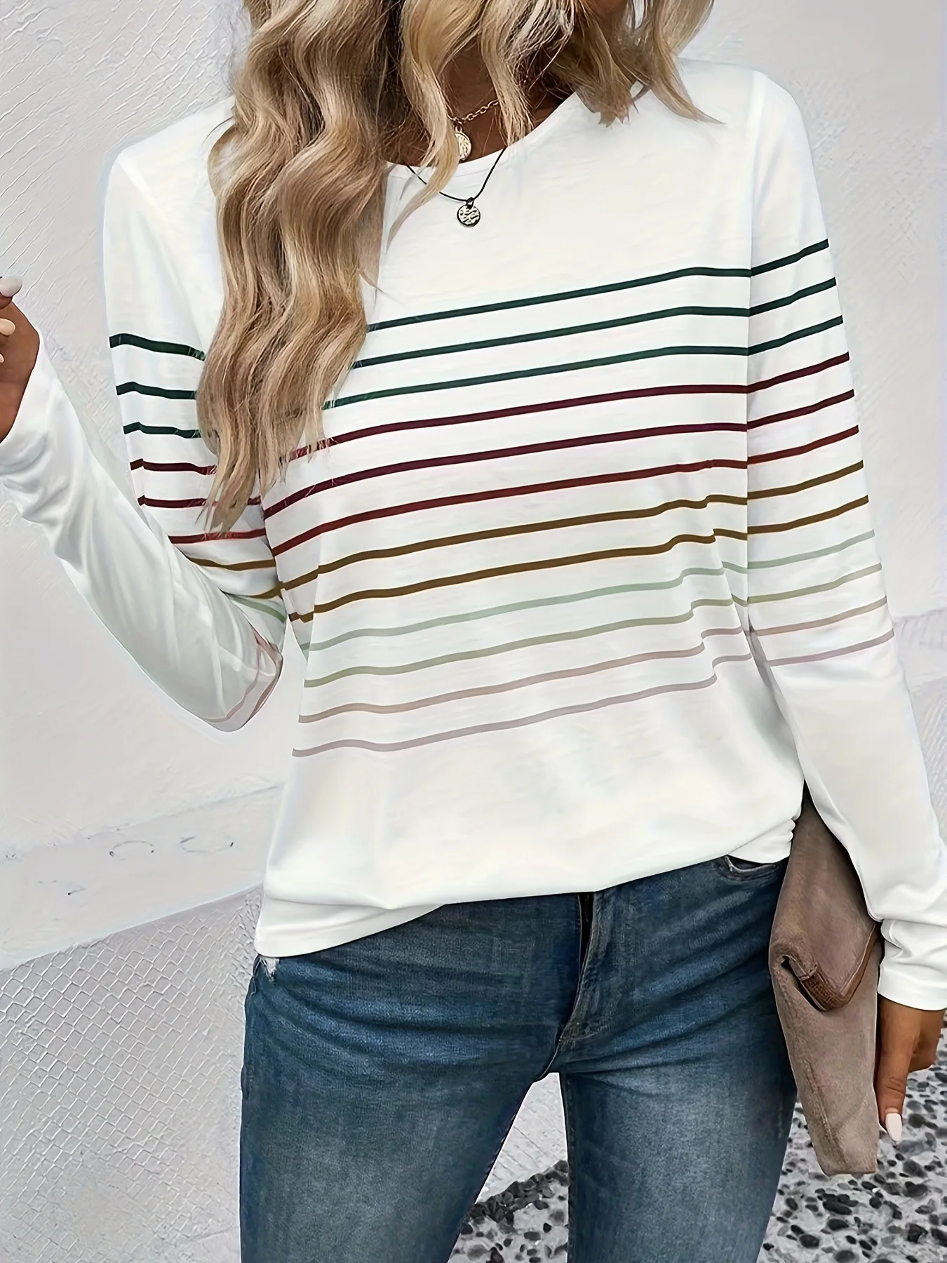 Women's New Spring and Autumn Striped Long-Sleeve T-Shirt, Casual Thin All-Match Pullover Bottoming Shirt