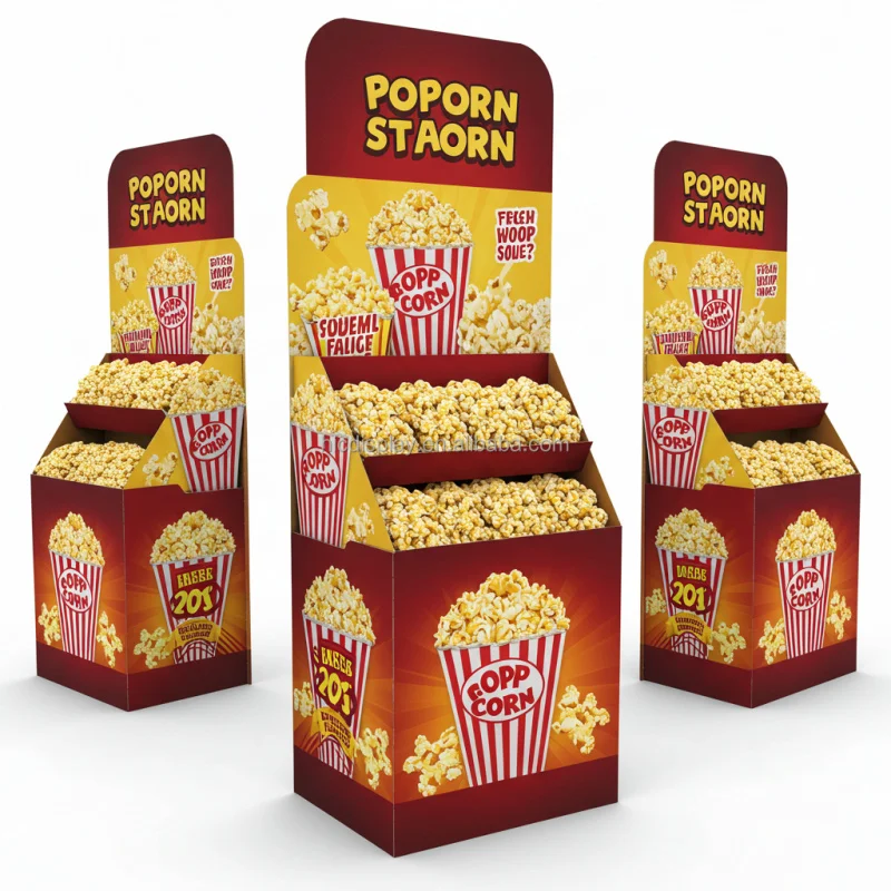 custom.Custom Modern Popcorn Display Stand Cardboard Floor-Standing Retail Store Showcase with Custom Printing Option