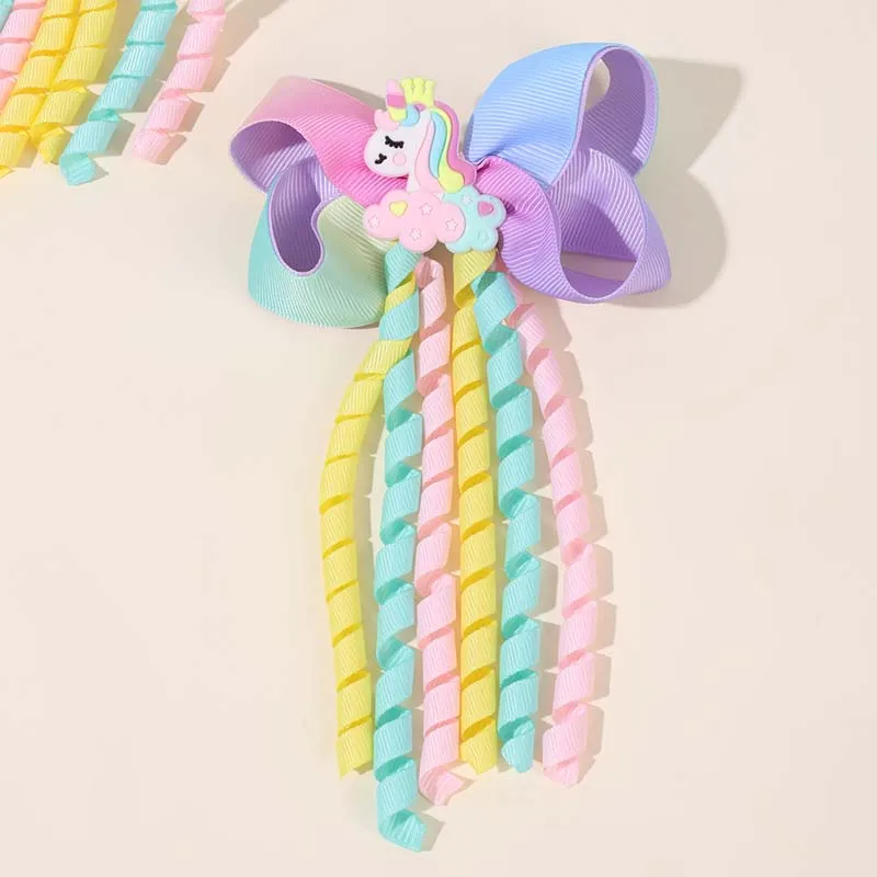 ncmama 2Pcs Cute Unicorn Hair Clips Cartoon Unicorn Hairpin for Baby Girls Boutique Ribbon Curly Barrettes Kids Hair Accessories