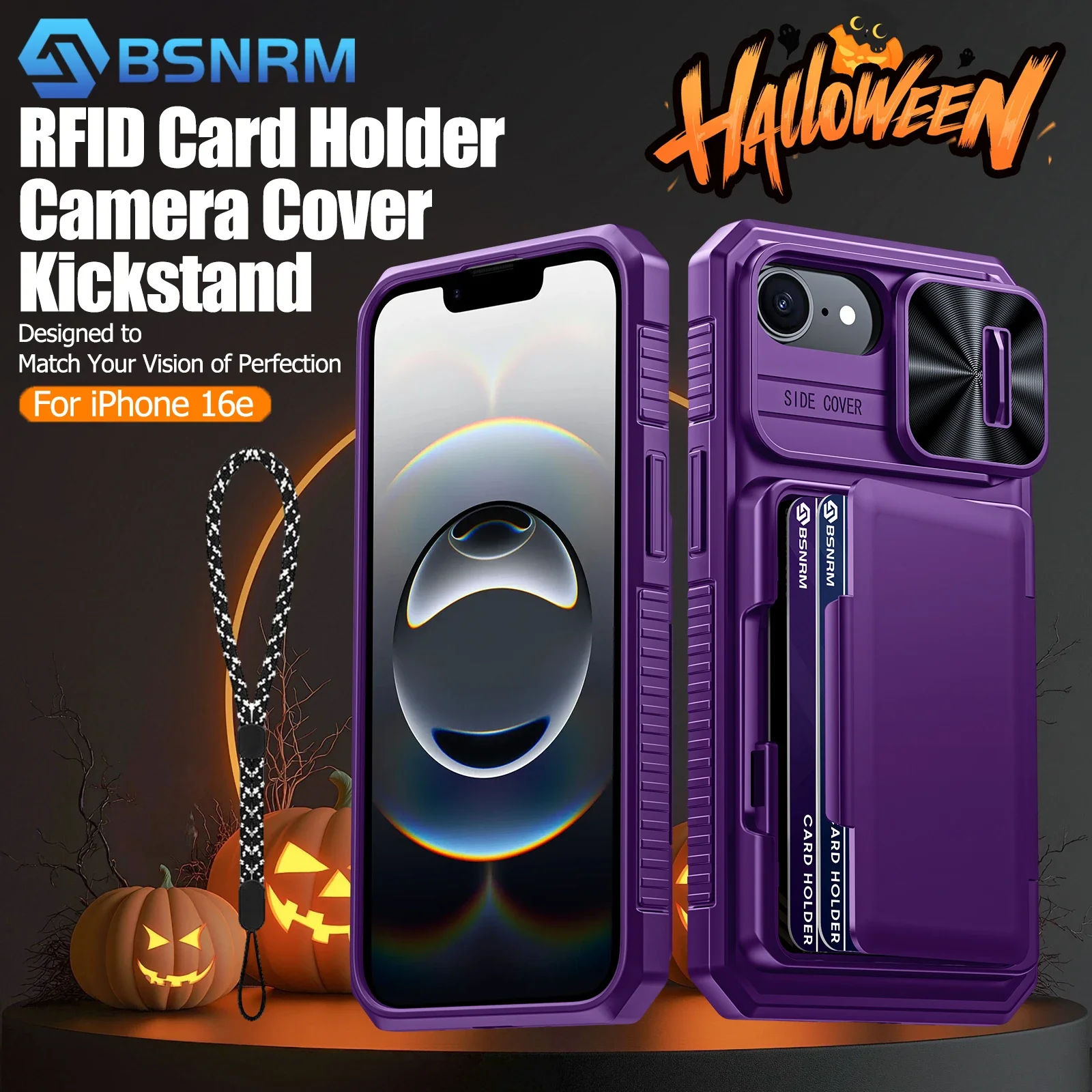 هدايا الهالوين، حامل بطاقات محفظة RFID، غطاء كاميرا، جراب هاتف واقٍ متين مقاوم للصدمات لهاتف iPhone 16 E-Purple