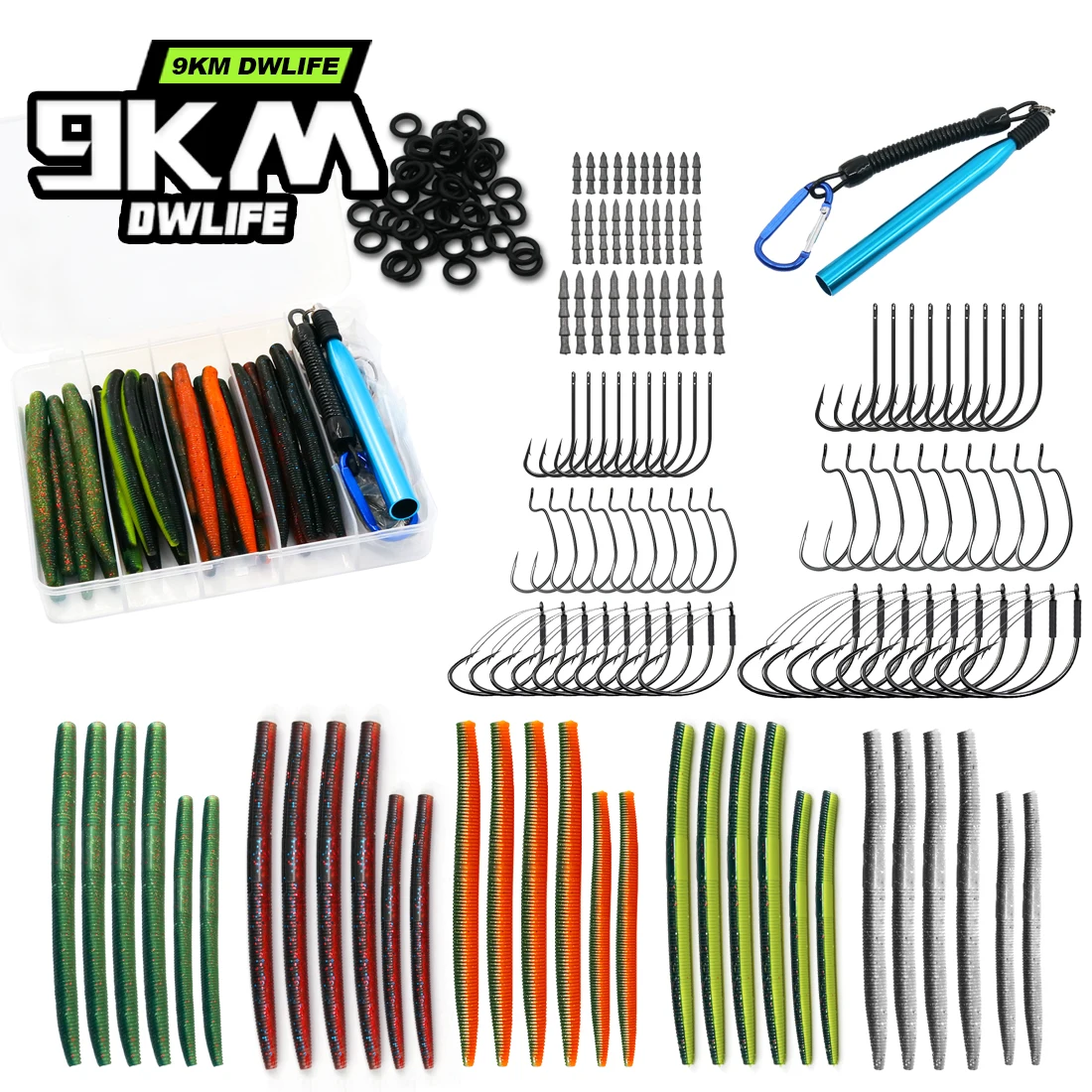 

9KM Wacky Worm Kit for Bass Rig Lures Fishing Lure 4in 5in with Weedless Hook Lead Sinker 143/171pcs Wacky Rig Tools O-Rings