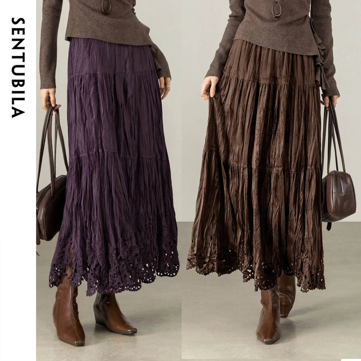 SENTUBILA Women Maxi Skirt 2025 Winter Elegant Ladies Hollow Out Hem Elastic Waist A-Line Velvet Tiered Skirt Female W54QB4851
