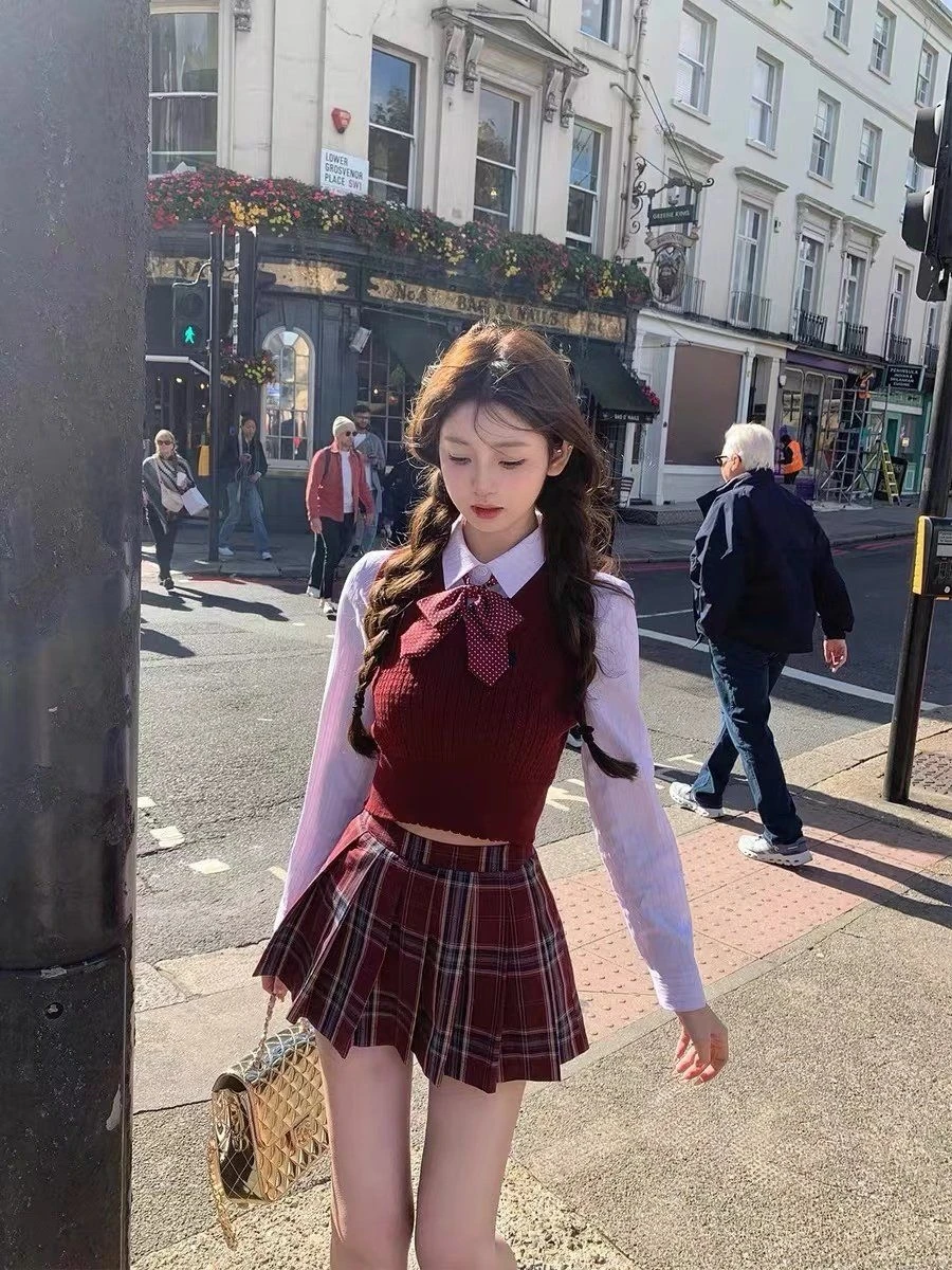 Korean Style School Uniform JK Bow long-sleeve Shirt Knitted Vest Plaid Pleated Skirt Autumn Three Piece Set Jk Uniform Set